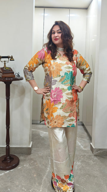 Floral Bloom Chinon-Crepe Coord Set – Ivory Multicolor