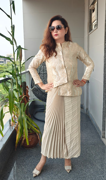 Golden Jacquard Pleated Skirt Coord Set