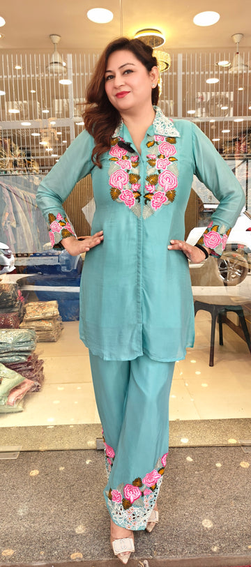 Aqua Rose Embroidered Coord Set