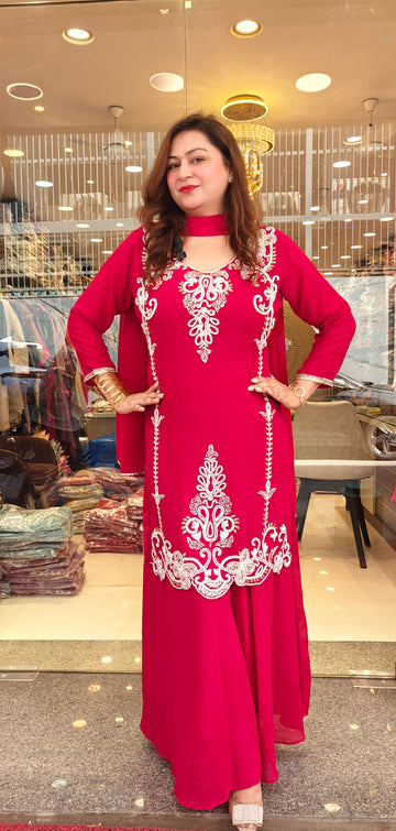 Elegant Red Georgette Embroidered Suit Set