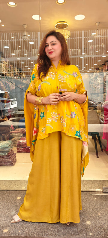 Floral Embroidered Yellow Short Kaftan with Palazzo