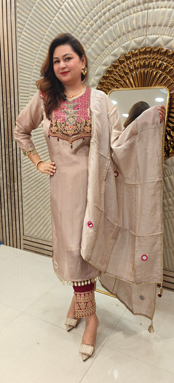 Beige Crepe Embroidered Suit Set with Maroon Bottom & Dupatta