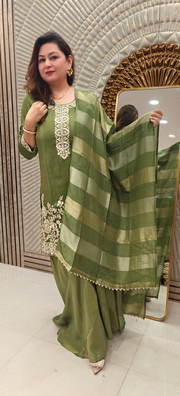 Olive Green Embroidered Silk Suit Set with Striped Dupatta