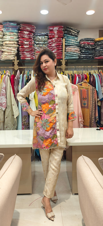Golden Jacquard Floral Panel Coord Set