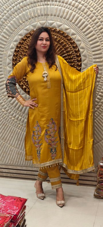 Yellow Aura Embroidered Straight Suit Set