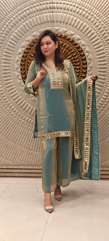 Mirror Shimmer Teal Suit Set