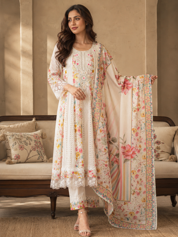 Ivory Bloom Embroidered Lawn Suit with Printed Dupatta (3-Piece Set)
