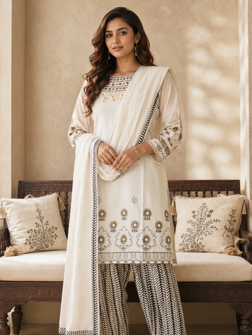 Noor Ivory Embroidered Suit Set with Dupatta (3-Piece Set)