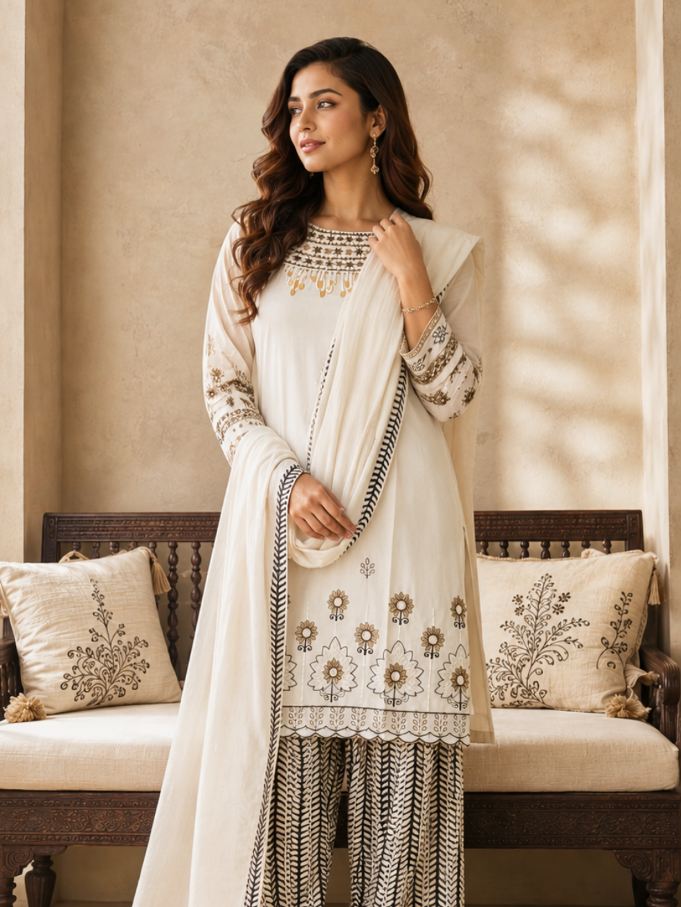 Noor Ivory Embroidered Suit Set with Dupatta (3-Piece Set)
