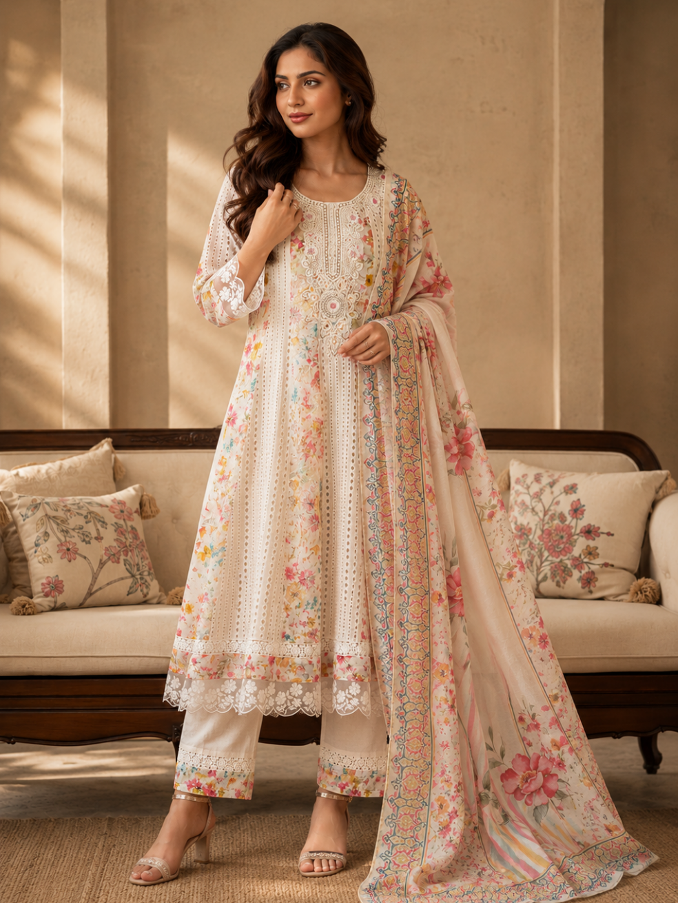 Ivory Bloom Embroidered Lawn Suit with Printed Dupatta (3-Piece Set)