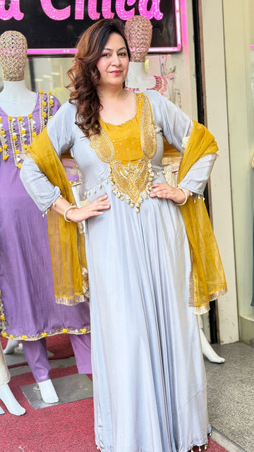 Elegant Grey & Mustard Embroidered Long Anarkali Dress with Dupatta