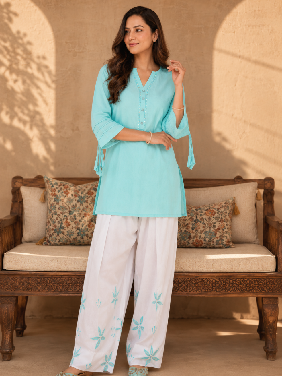 Sky Blue Embroidered Kurta with Printed Palazzo (2-Piece Set)