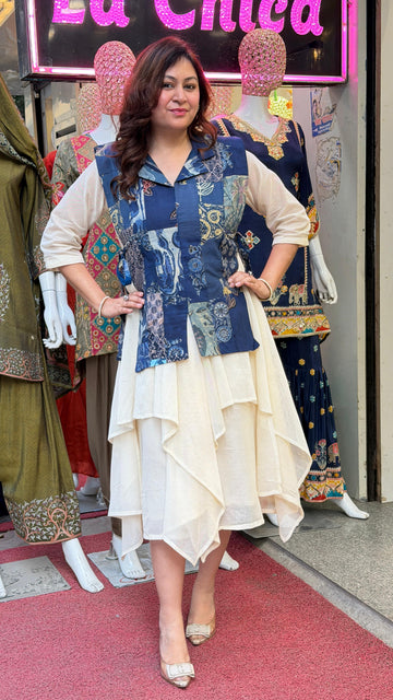 Indigo Muse Layered Dress with Printed Jacket