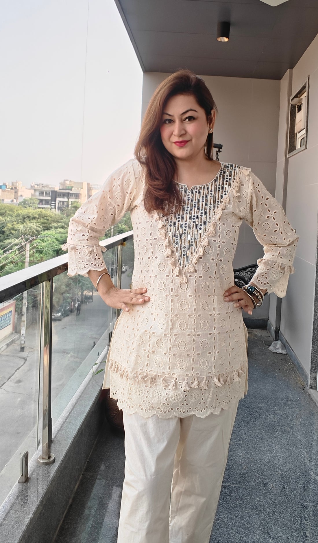 Cream Eyelet Embroidered Cotton Coord Set