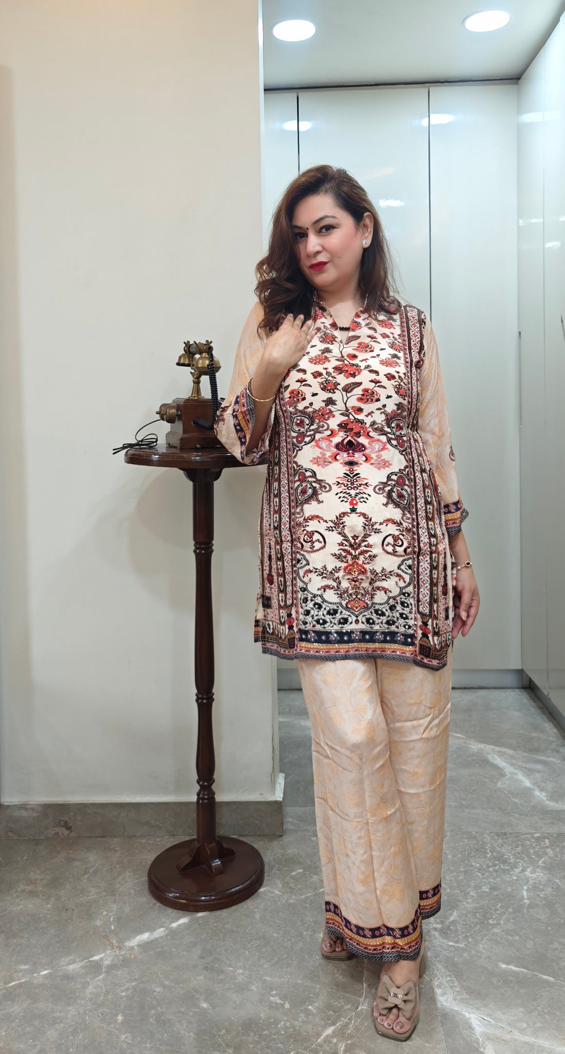 Zahra Beige Crepe Ethnic Coord Set