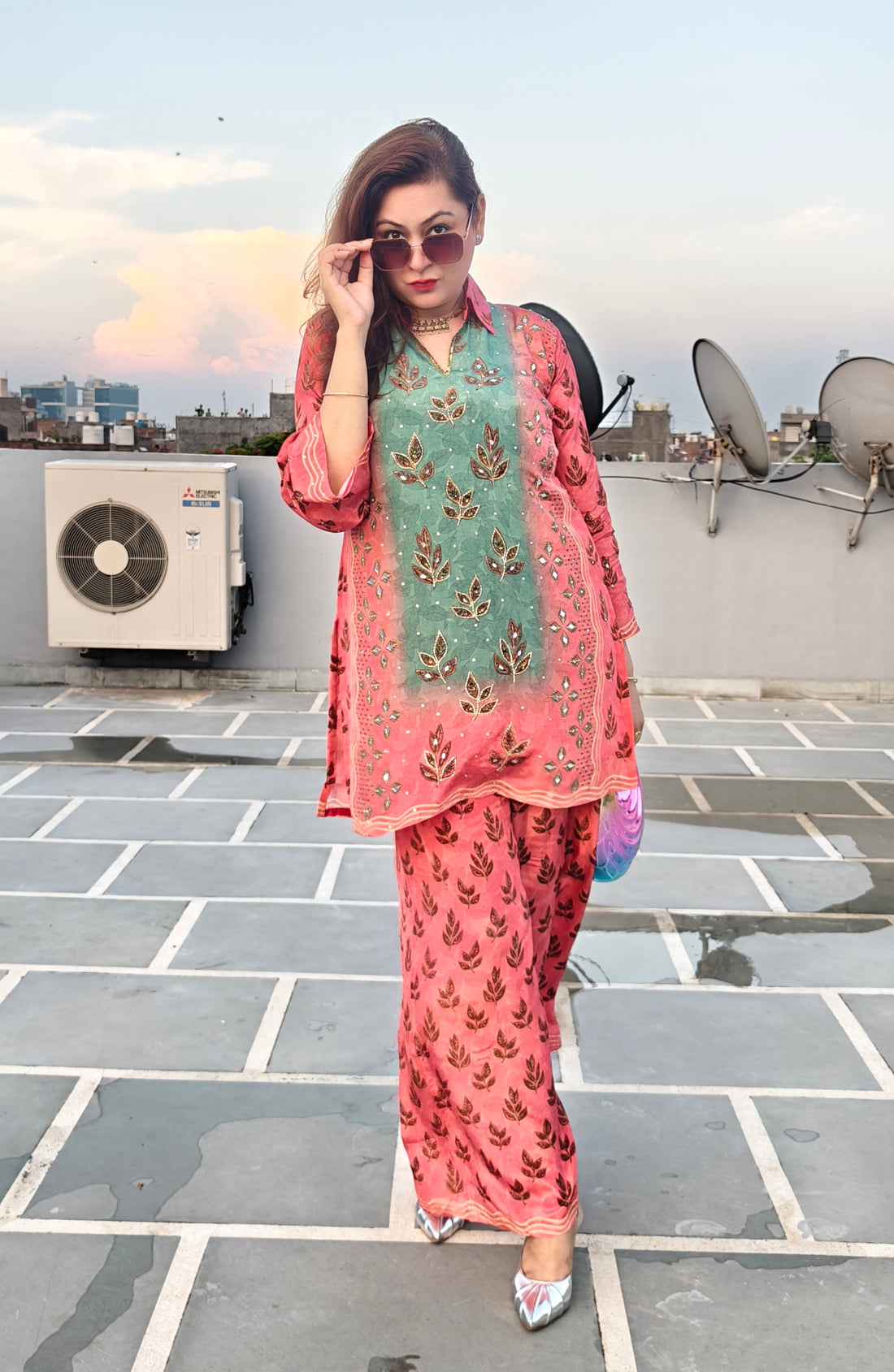 Gulnaar Mirror-Embroidered Crepe Coordset