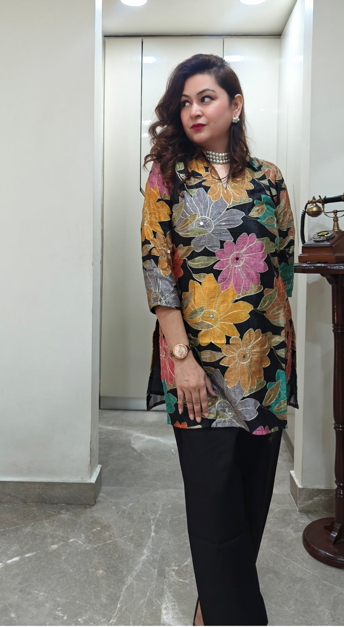 Midnight Bloom Chinon-Crepe Coord Set – Black Multicolor