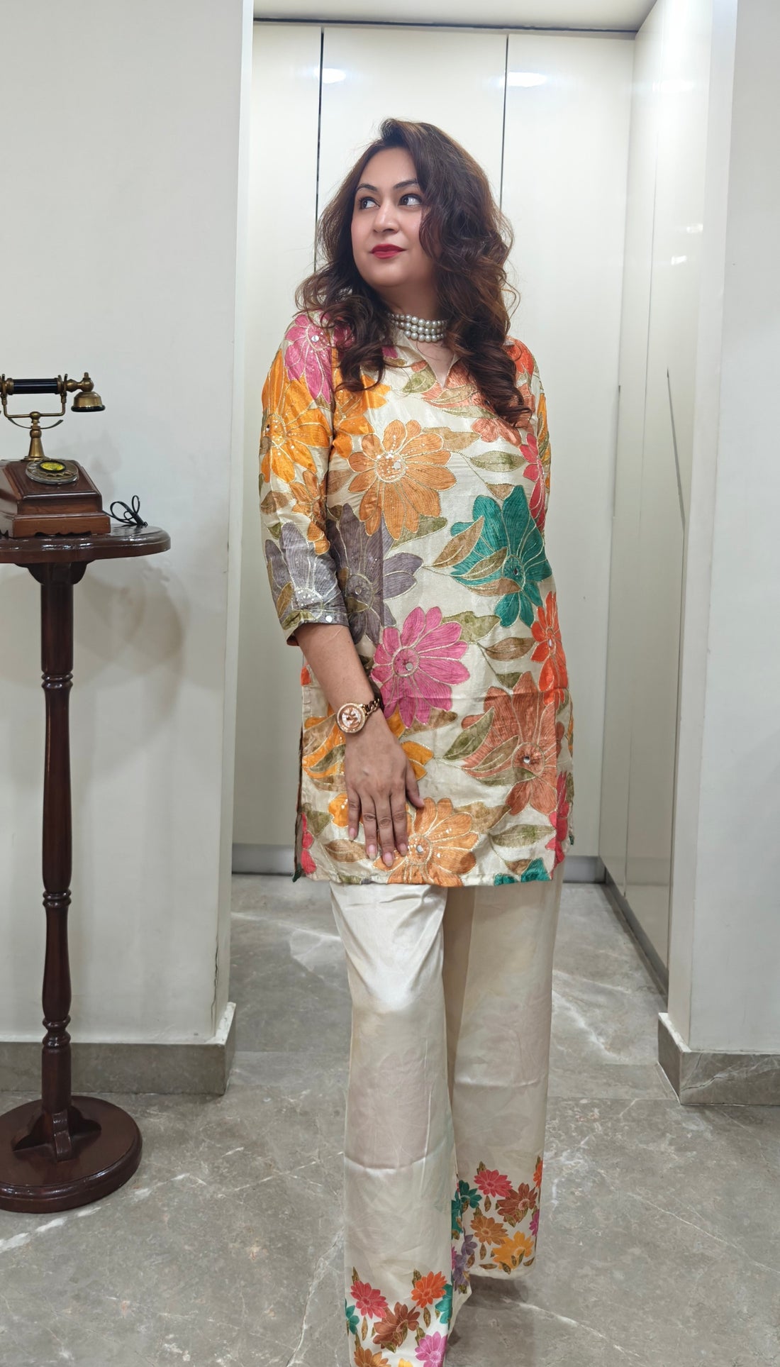 Floral Bloom Chinon-Crepe Coord Set – Ivory Multicolor