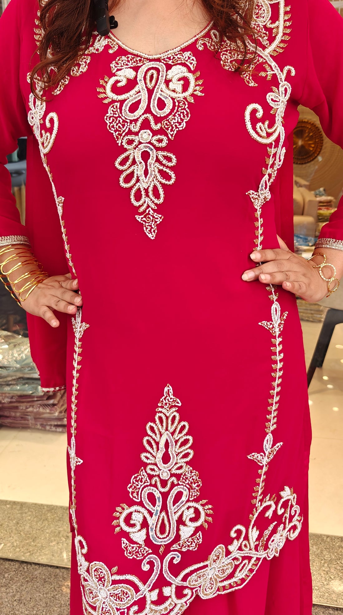 Elegant Red Georgette Embroidered Suit Set