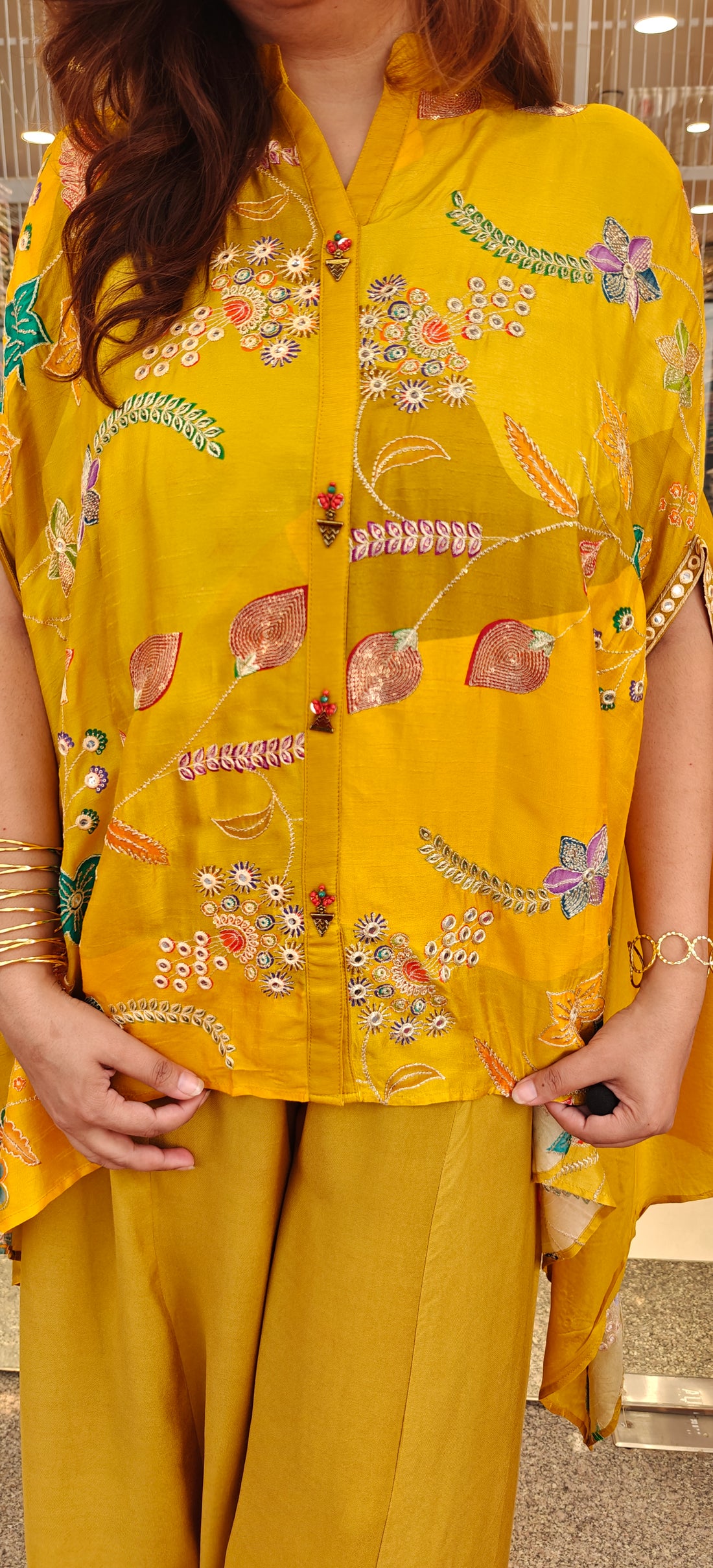 Floral Embroidered Yellow Short Kaftan with Palazzo