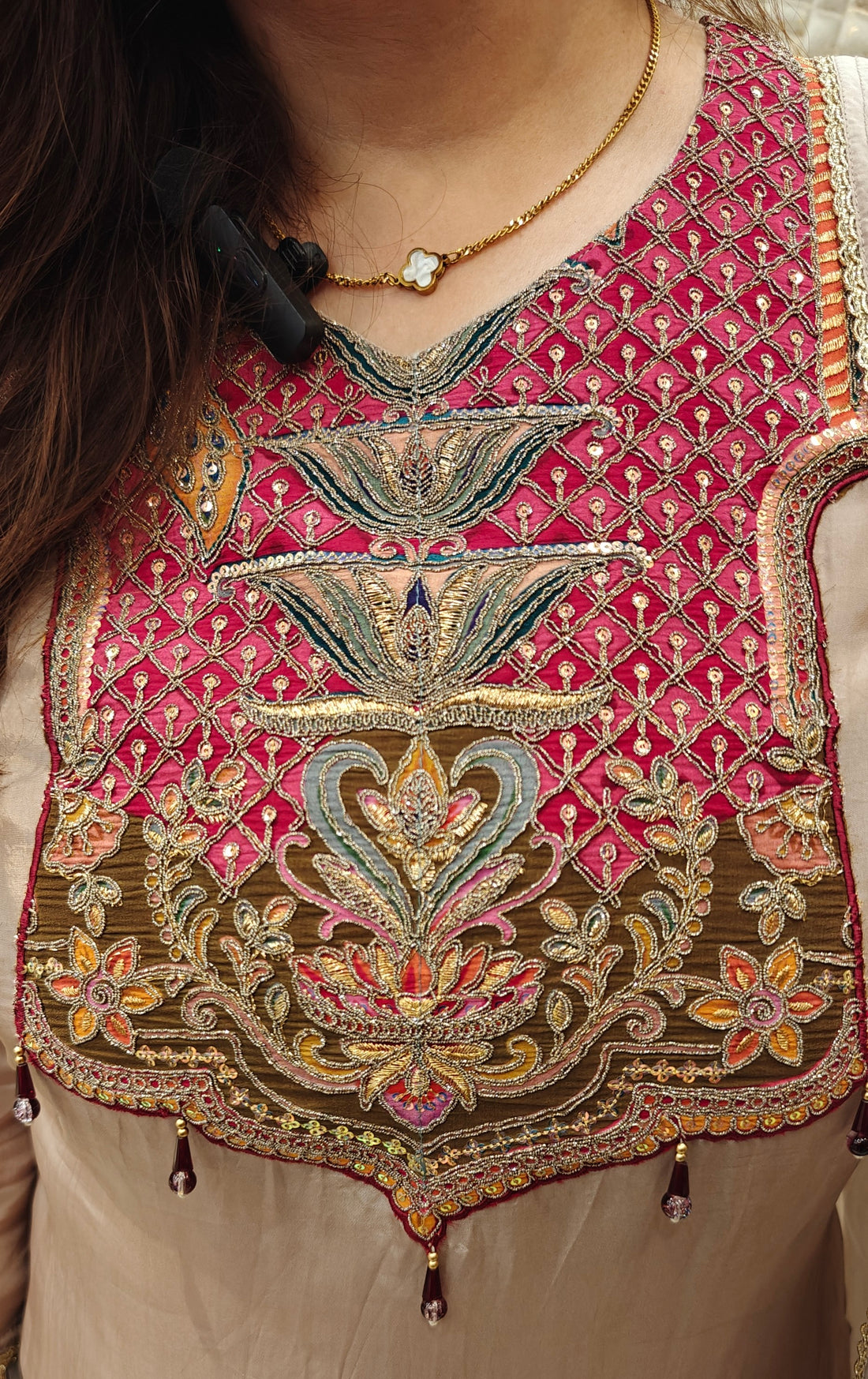 Beige Crepe Embroidered Suit Set with Maroon Bottom & Dupatta