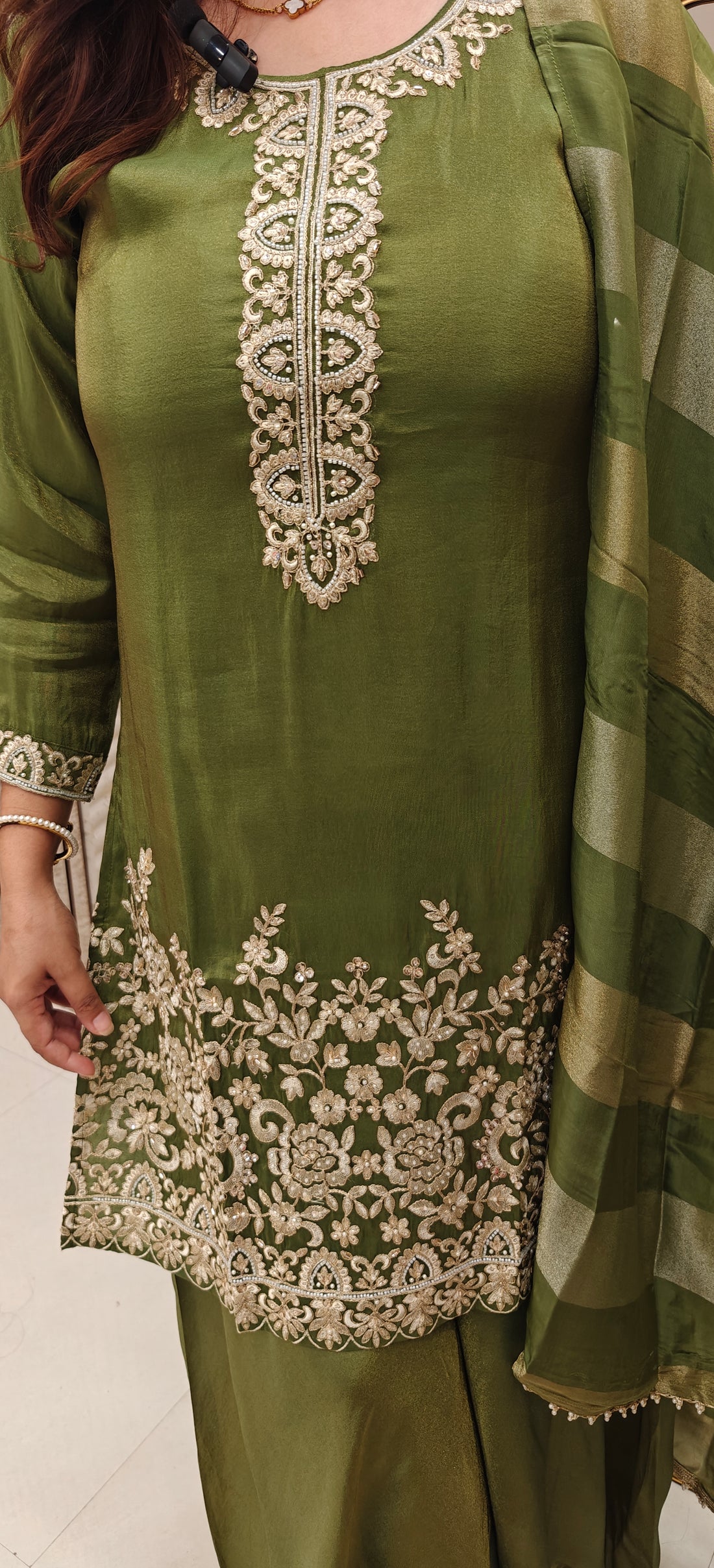 Olive Green Embroidered Silk Suit Set with Striped Dupatta