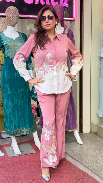 Blush Bloom Embroidered Shirt & Pant Co-Ord Set