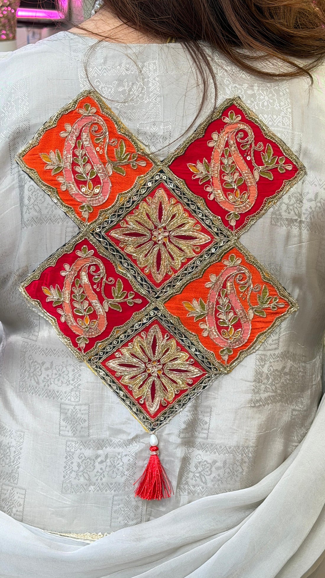 Ivory Red Handcrafted Phulkari Mirror Work Kurta Set with Dupatta