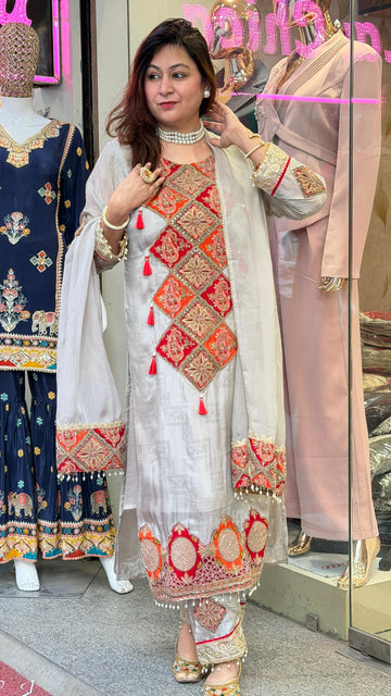 Ivory Red Handcrafted Phulkari Mirror Work Kurta Set with Dupatta