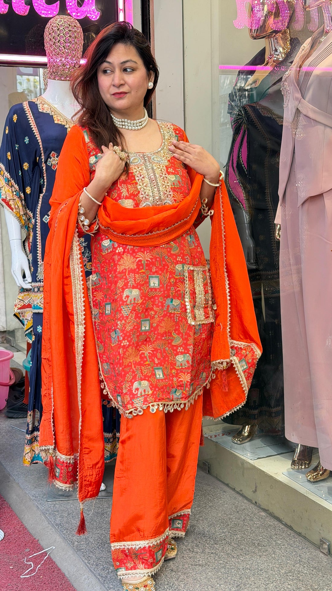 Sindoor Orange Mirror Work Kurta Set with Dupatta