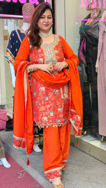 Sindoor Orange Mirror Work Kurta Set with Dupatta
