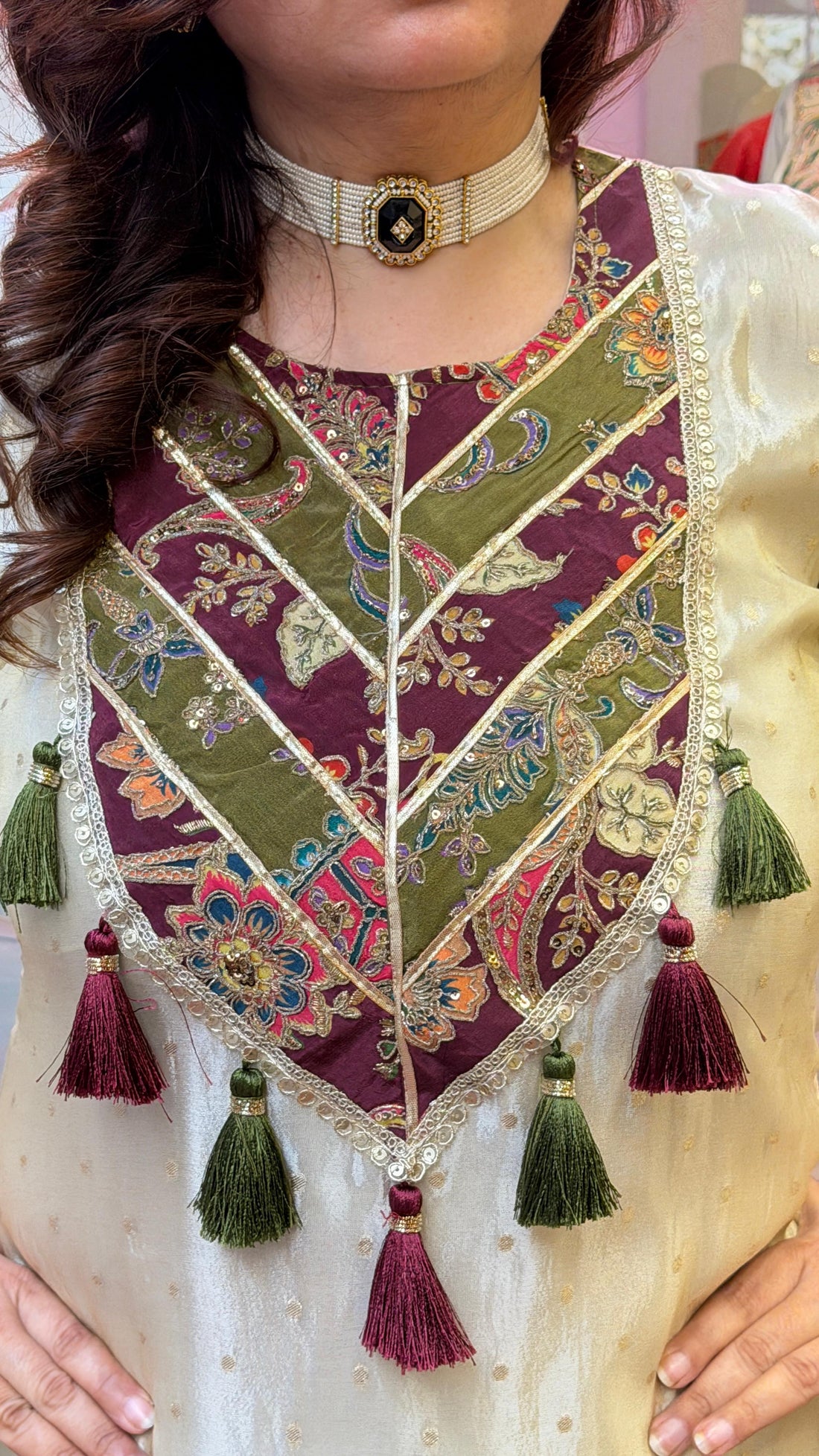 Ivory Embroidered Kurta Set with Tassel Detailing & Matching Pants