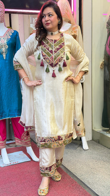 Ivory Embroidered Kurta Set with Tassel Detailing & Matching Pants