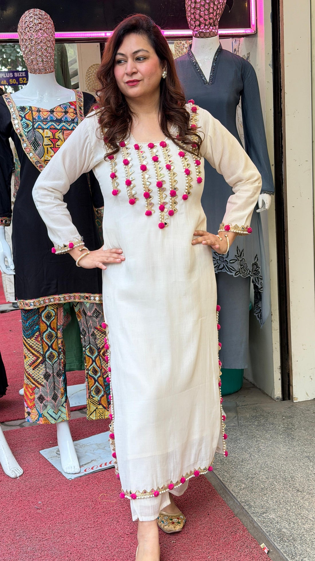Ivory Hand-Embellished Kurta Set with Pink Tassel Detailing