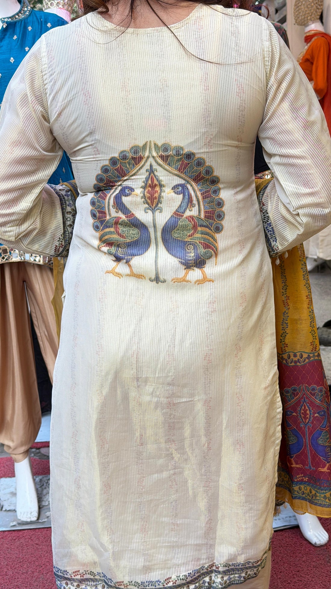 Ivory Ethnic Print Kurta Set with Mustard Dupatta