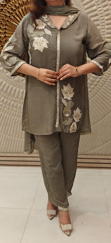 Olive Floral Embroidered Kurta Pant Dupatta Coord Set