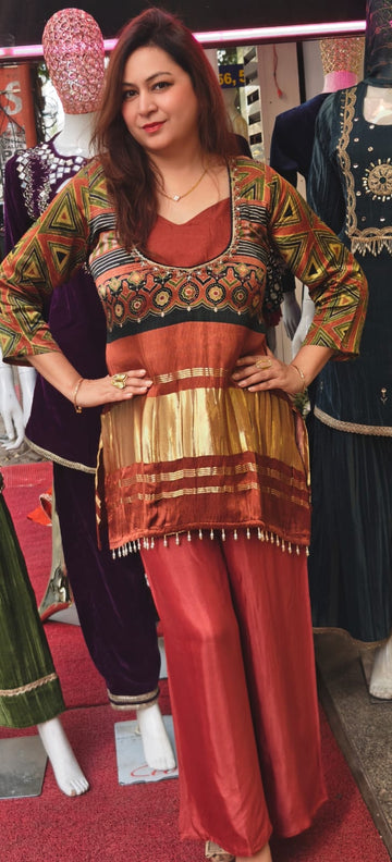 Rust Multicolor Tribal Print Kurta Palazzo Coord Set with Gold Border