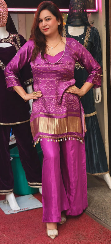 Rani Pink Bandhani Print Kurta Palazzo Coord Set with Gota Border