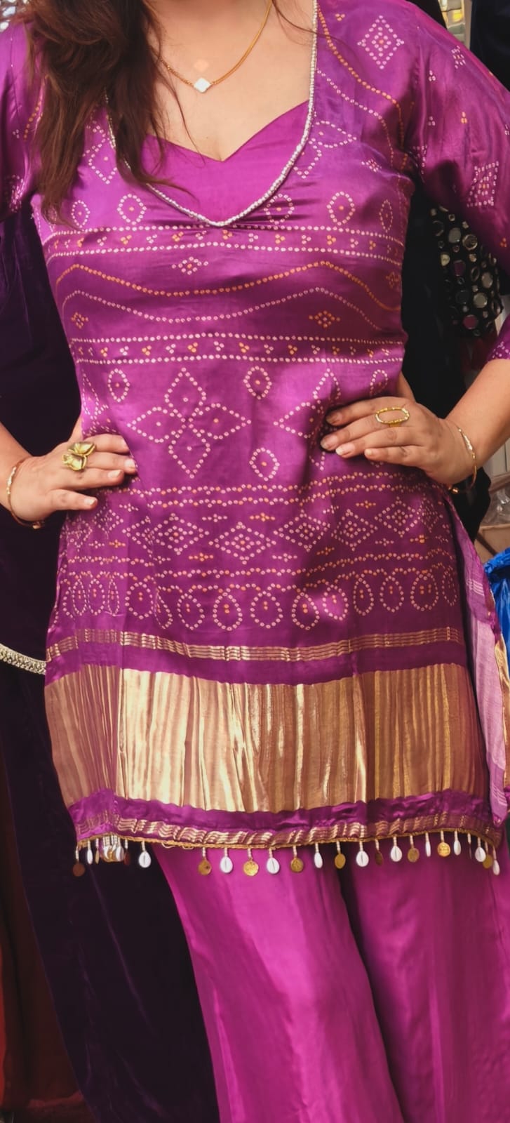 Rani Pink Bandhani Print Kurta Palazzo Coord Set with Gota Border