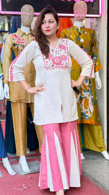 Ivory Pink Floral Embroidered Kurta with Panelled Palazzo Coord Set
