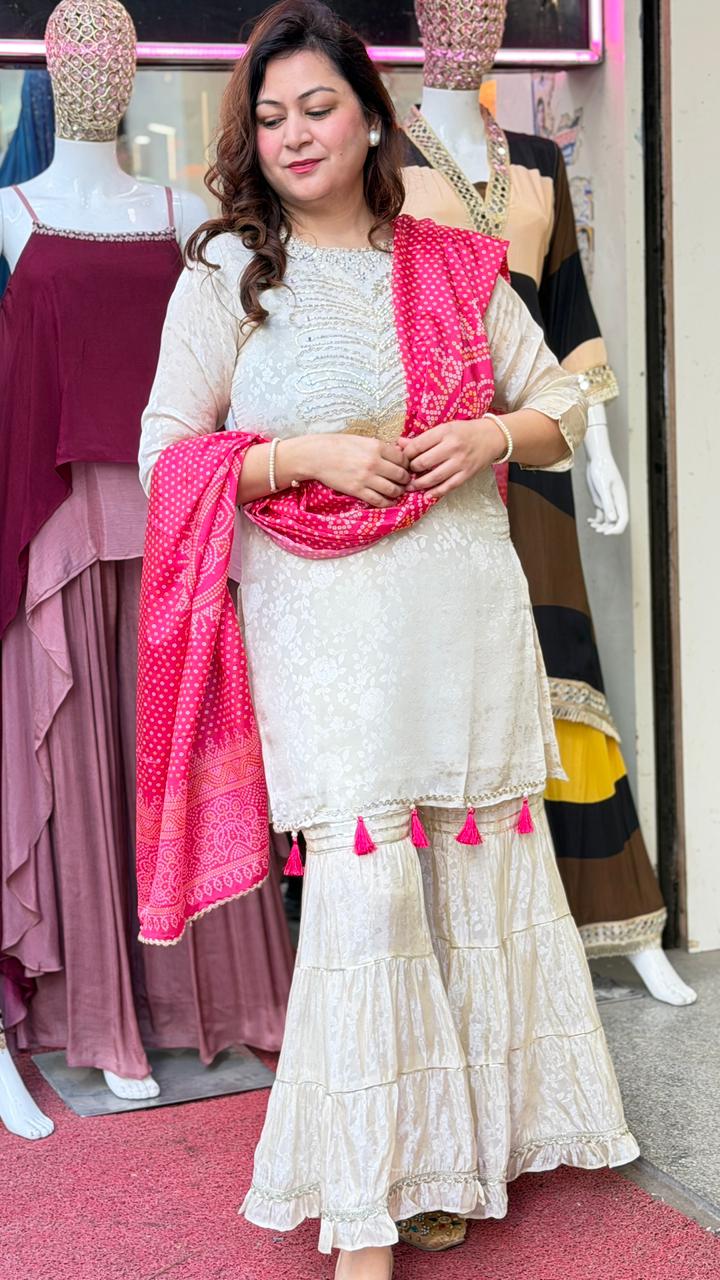 Ivory Embroidered Kurta Sharara Set with Pink Bandhani Dupatta