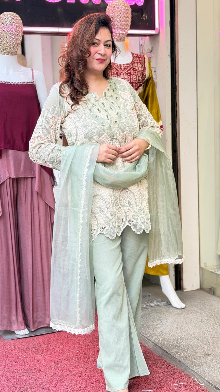 Mint Green Lace Embroidered Kurta Pant Set with Dupatta