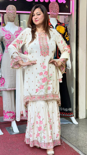 Ivory Pink Floral Embroidered Kurta Sharara Set with Dupatta