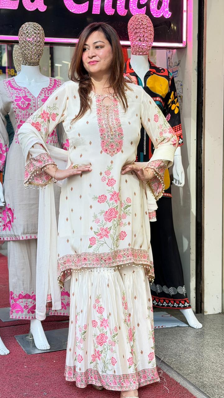 Ivory Pink Floral Embroidered Kurta Sharara Set with Dupatta