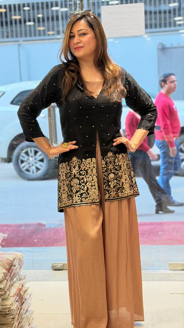Black & Gold Embroidered Short Kurta with Palazzo Co-Ord Set