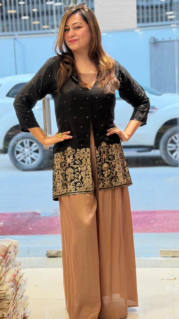 Black & Gold Embroidered Short Kurta with Palazzo Co-Ord Set