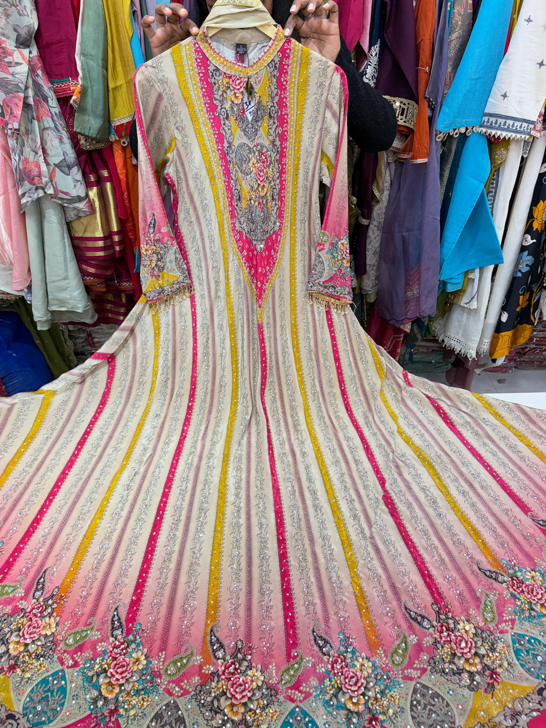 Crimson Floral Heritage Print Flared Anarkali Kurta