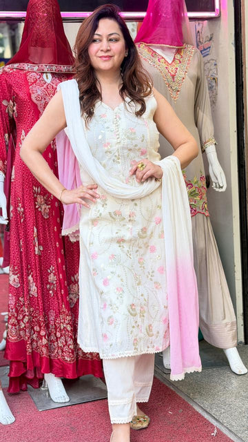 Ivory Pastel Floral Embroidered Kurta Set with Ombre Dupatta