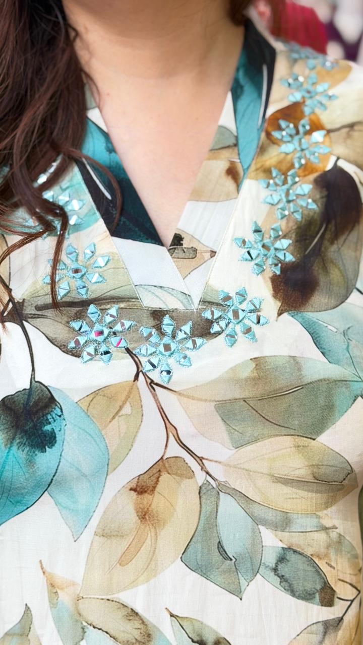 Teal & Beige Leaf Print Kurta Sharara Co-Ord Set