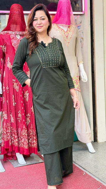 Olive Green Embroidered Straight Kurta Pant Set